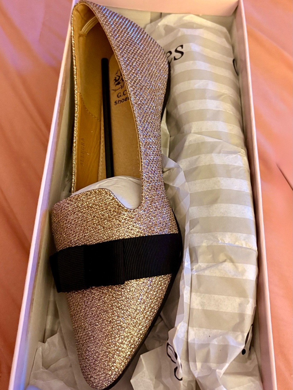 G.C. Gold Pointed Toe Flat with Black Bow - Picture 3 of 4